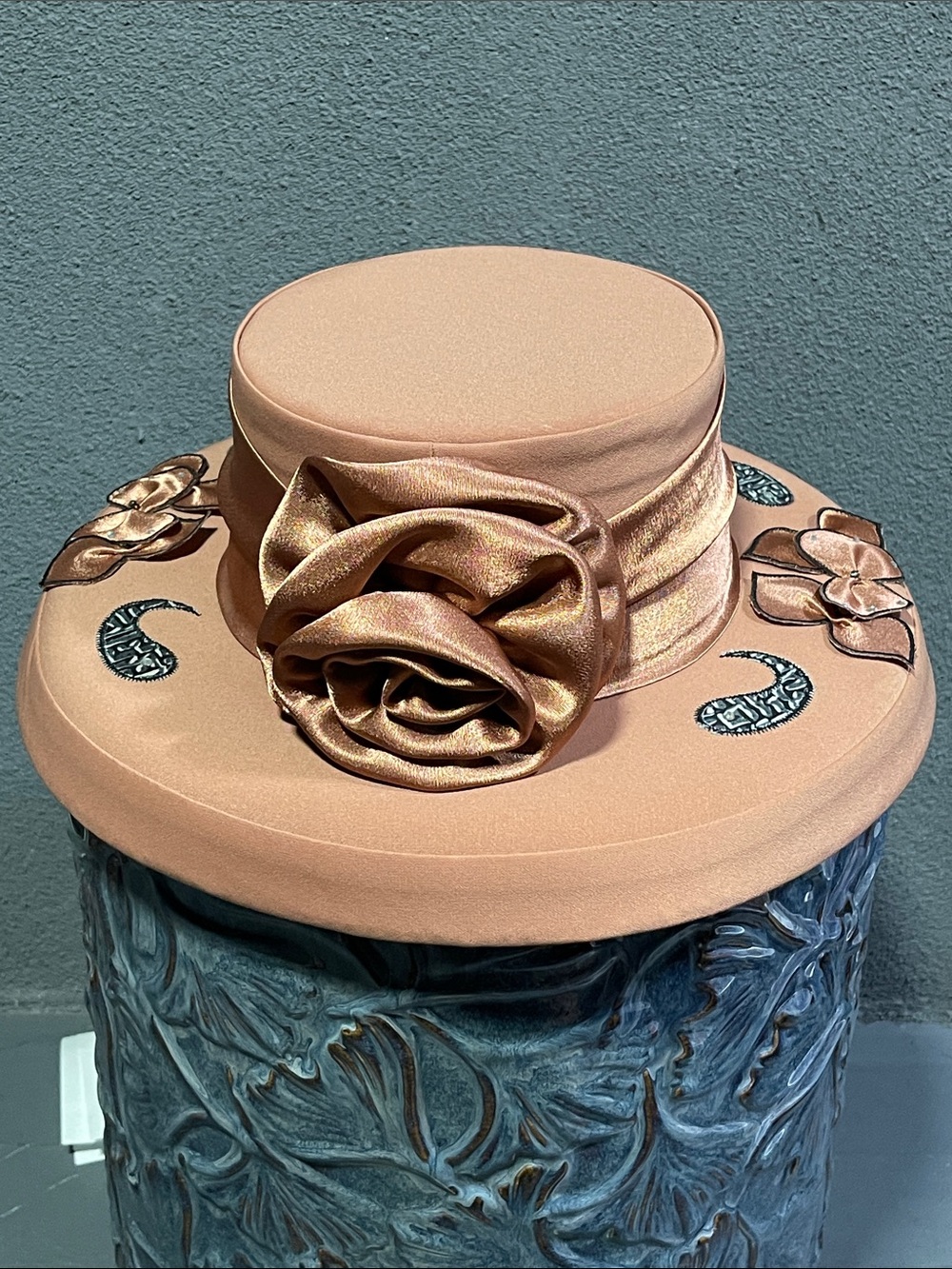 GraceWide Brim Dress Church Hat with Satin Rose Accent